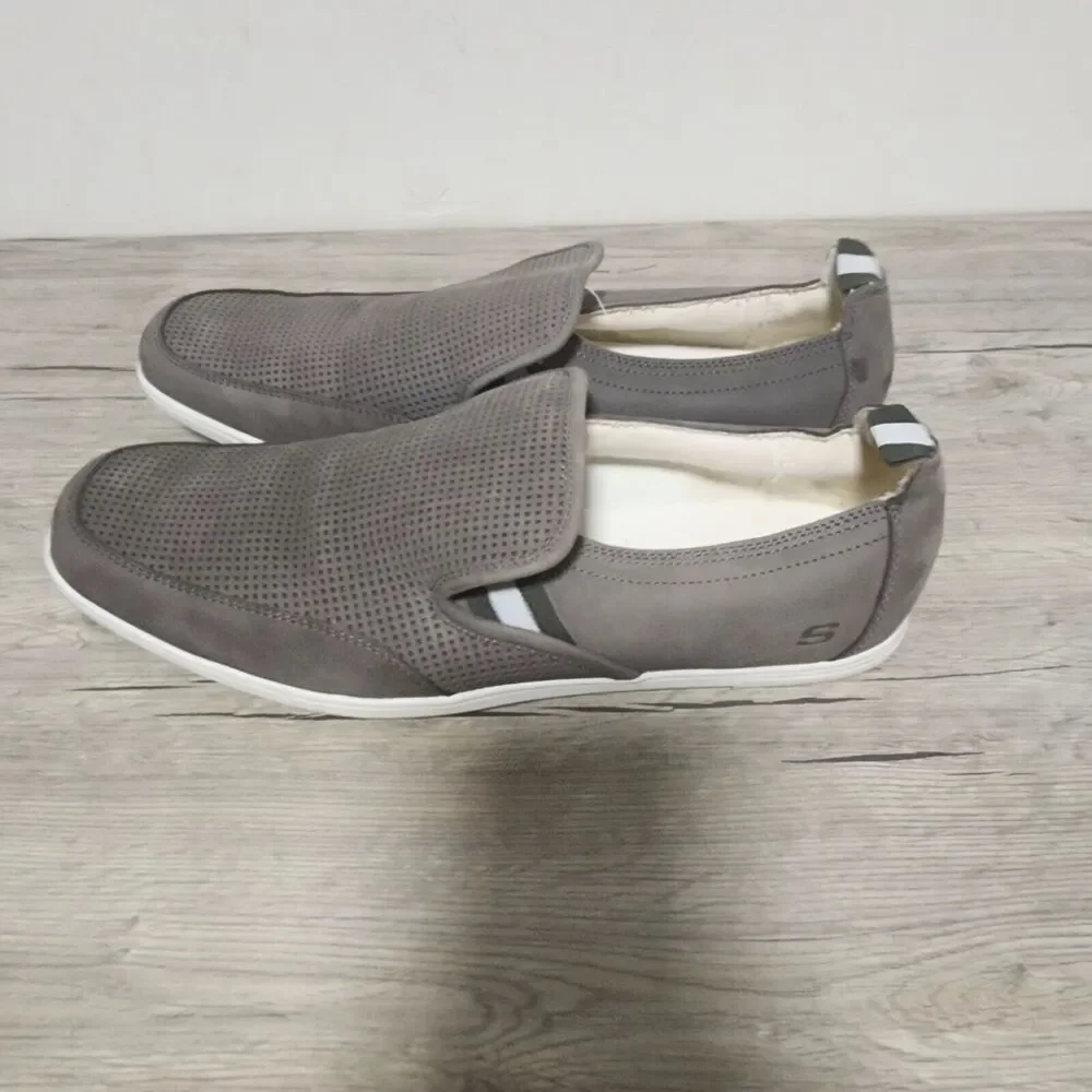 Skechers SN 62240 GRY Leather Upper Balance Slip-On Gray Men's Shoes Size 12